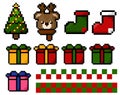 Christmas and happy new year pixel art set on white. Royalty Free Stock Photo